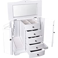 SONGMICS JBC57W - Joyero Grande de Madera con Puerta de acrílico Transparente- 4 cajones- Color Blanco- Estilo rústico